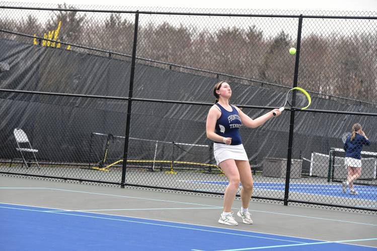 Frontier’s Makayla Craig serves in No. 2 singles against Turners Falls on Wednesday in South Deerfield. 