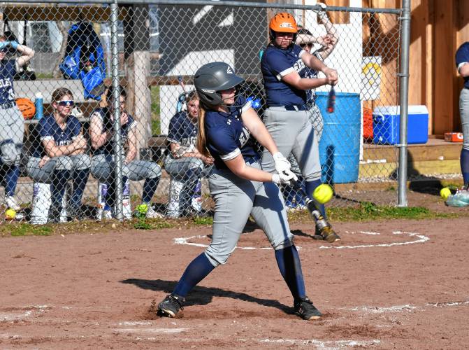 Franklin Tech’s Cordelia Guerin connects for a base hit against Blackstone Valley Tech during the Eagles’ 7-3 victory at Nancy Gifford Field in Turners Falls on Tuesday. 