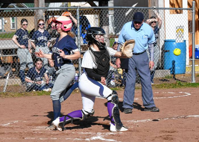 Franklin Tech’s Kyra Goodell scores a run against Blackstone Valley Techduring the Eagles’ 7-3 victory at Nancy Gifford Field in Turners Falls on Tuesday.