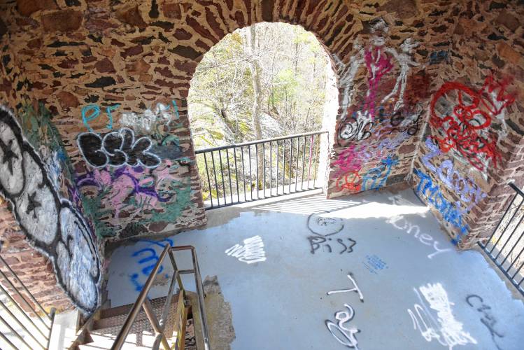 Graffiti on the second level at Poet’s Seat Tower in Greenfield.