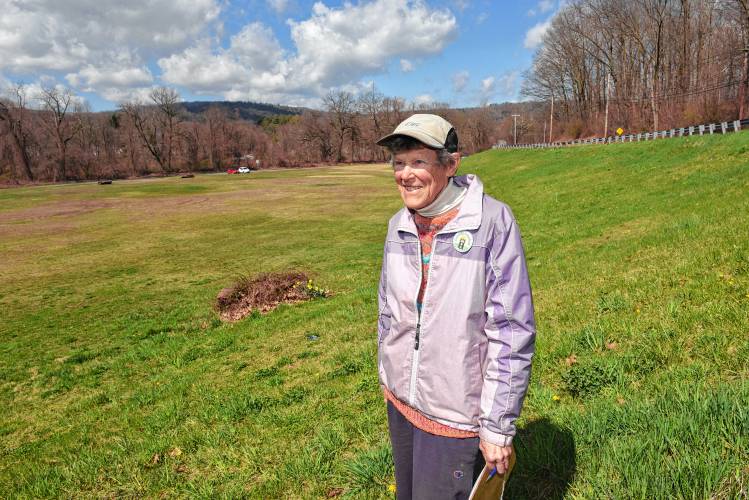 Nancy Hazard, a member of Greening Greenfield, hopes to plant approximately 600 native trees and shrubs along the slope behind her at the former Wedgewood Gardens mobile home park on Colrain Street in Greenfield.