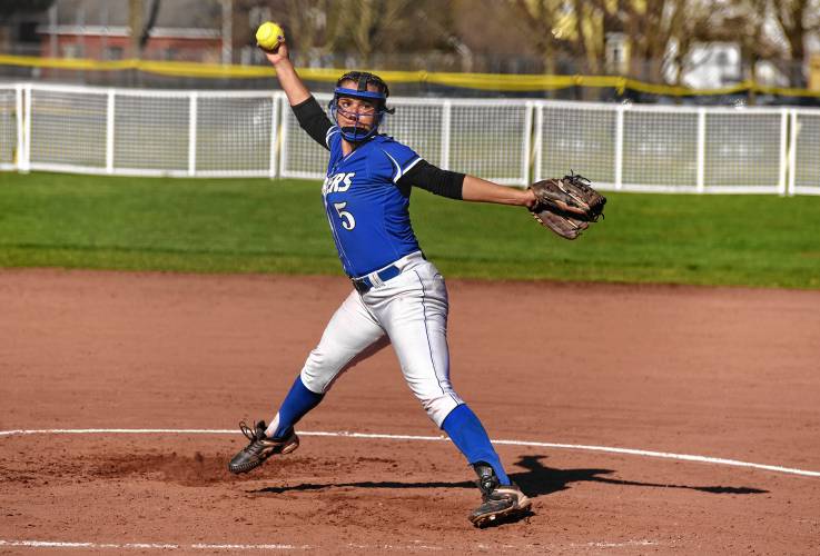 Turners Falls’ Madi Liimatainen delivers a pitch during the Thunder’s 6-3 victory over Frontier on Friday at Zabek Field in South Deerfield.