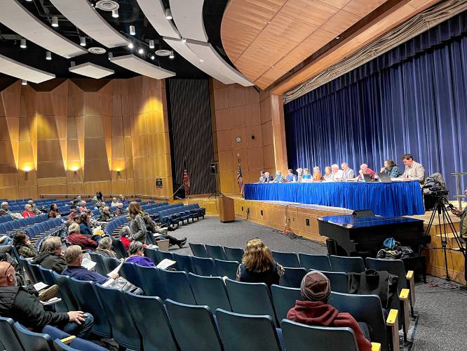 Montague town officials and residents gathered at the Turners Falls High School theater Wednesday night for the Special Town Meeting. Montague town officials and residents gathered at the Turners Falls High School theater Wednesday night for the Special Town Meeting.