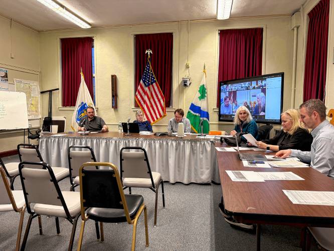 Members of the Sunderland Selectboard and Finance Committee discuss the town’s tax bill error, which didn’t raise $409,875 in capital stabilization override funds.