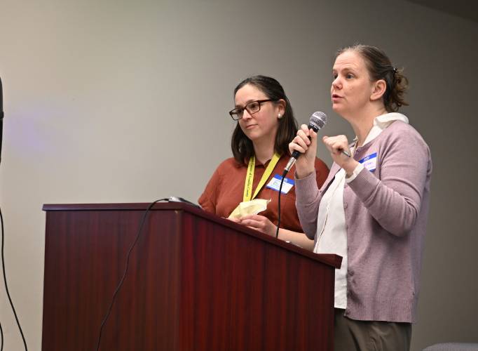 Allison van der Velden, CEO of the Community Health Center of Franklin County, and Kat Allen of the Franklin Regional Council of Governments speak at a Youth Partnership Summit hosted by the Community Health Center of Franklin County at its Greenfield offices at 102 Main St. on Friday.