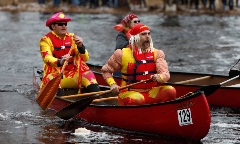 Richard Belanger, front, and Jake Logan set out at the start of the race during the 60th annual River Rat Race on Saturday in Athol.