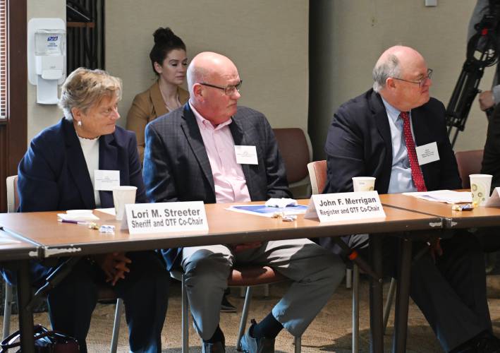 Opioid Task Force co-chairs Lori Streeter, John Merrigan and David Sullivan at Baystate Franklin Medical Center on Tuesday to discuss the opioid epidemic response in western Massachusetts. 