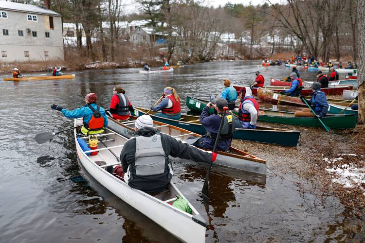 Competitors get into their starting positions during the 60th annual River Rat Race from Athol to Orange on Saturday.