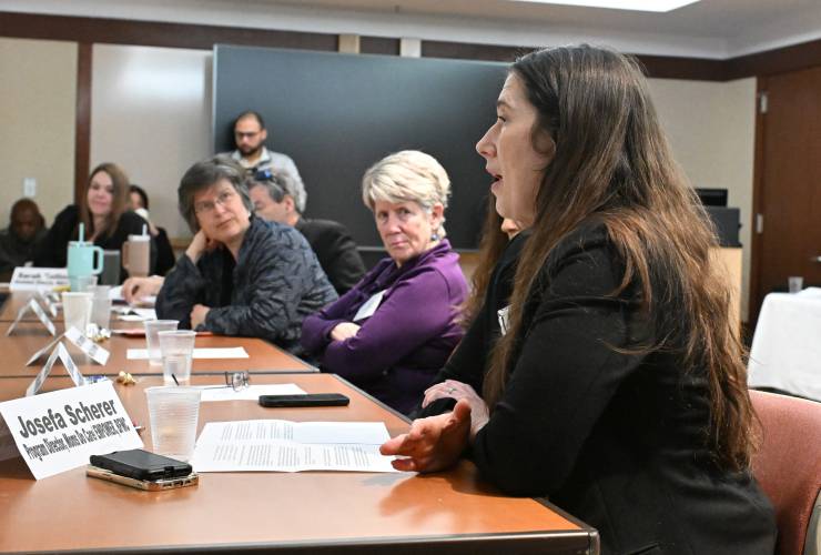 Josefa Scherer, program manager at Moms Do Care/EMPOWER, speaks at Baystate Franklin Medical Center on Tuesday to discuss the opioid epidemic response in western Massachusetts. 