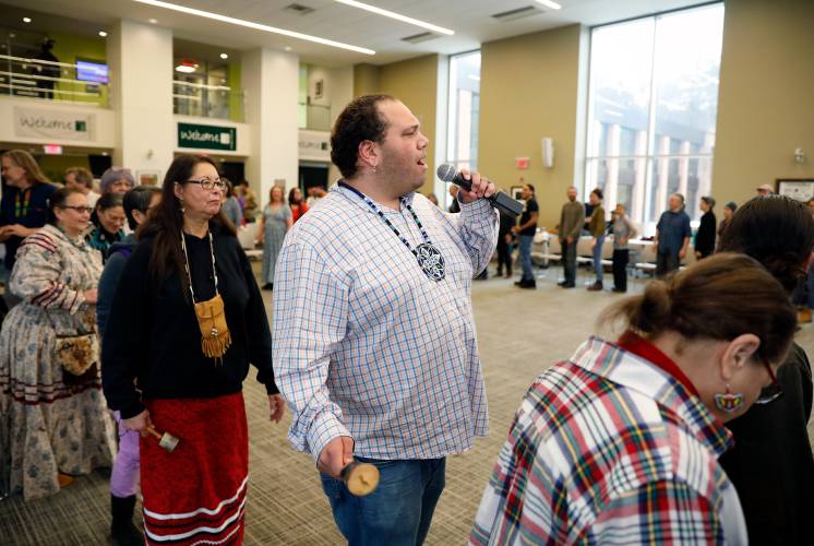 James Moreis, Aquinnah Wampanoag, leads a circle dance during an event organized by the Nolumbeka Project at Greenfield Community College in 2020. Another social dance will be held Saturday at 1 p.m.