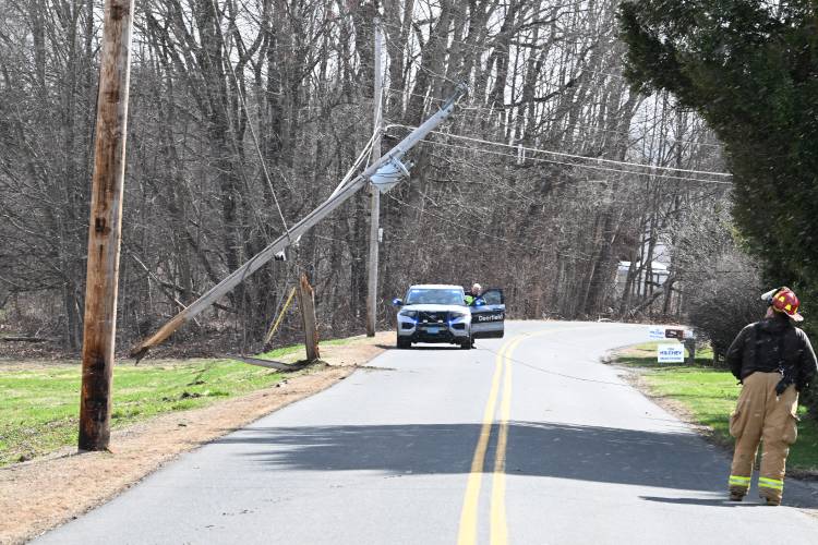 A truck hit a utility pole on River Road Tuesday afternoon in Deerfield, south of McClelland Farm Road, closing the road until crews can replace the pole.
