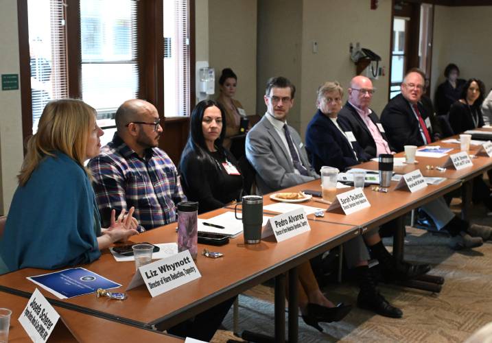 Director of Harm Reduction at Tapestry Health Liz Whynott, left, speaks at Baystate Franklin Medical Center on Tuesday to discuss the opioid epidemic response in western Massachusetts. 