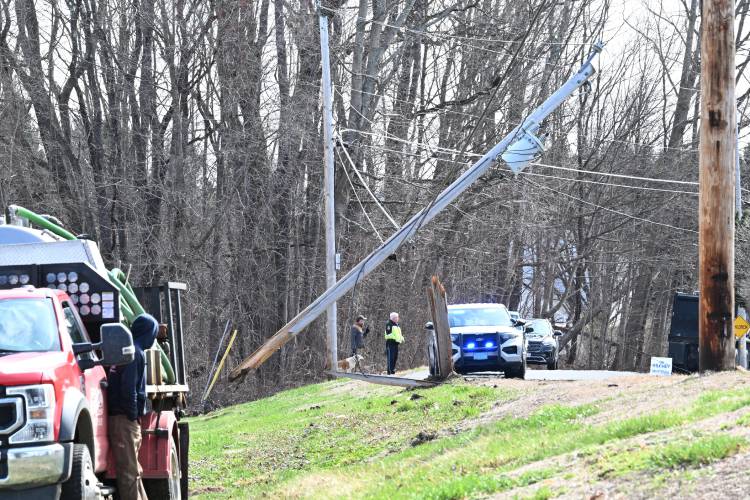 A truck hit a utility pole on River Road Tuesday afternoon in Deerfield, south of McClelland Farm Road, closing the road until crews can replace the pole.