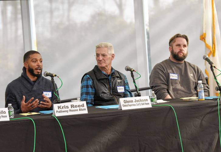 From left, panelists Kris Reed, Pathway House alum; Glenn Jackson, clinical supervisor at the Carl E. Dahl House; and Carl E. Dahl House alum Chris Penna speak at the sixth annual Sober Housing Summit at Greenfield Community College on Friday morning. 