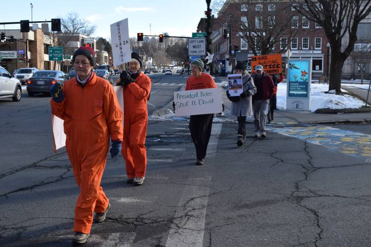 Demonstrators call for the closure of Guantanamo Bay during a march in Greenfield in 2024. Another demonstration will be held on Saturday.