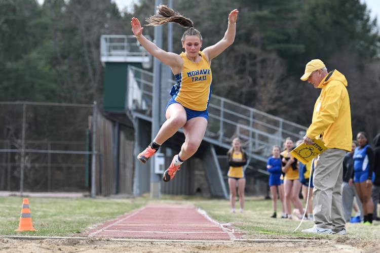 Mohawk Trail’s Zephyr Jetzon competes in the long jump during a meet in Buckland on Thursday.