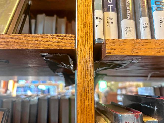 Aging bookshelves in the Children’s Room of Dickinson Memorial Library in Northfield are currently held together by duct tape.