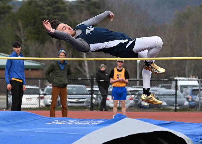 Franklin Tech’s Madix Whitman clears the high jump bar at Mohawk Trail Regional School on Thursday.