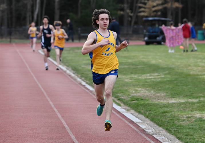 Mohawk Trail’s Peter Healy is out front in the two-mile at Mohawk Trail Regional School on Thursday.
