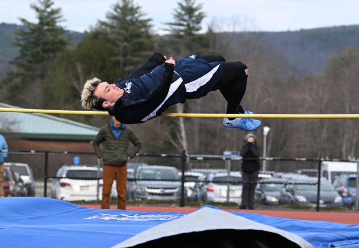 Franklin Tech’s Wyatt Whitman clears the high jump bar at Mohawk Trail Regional School on Thursday.