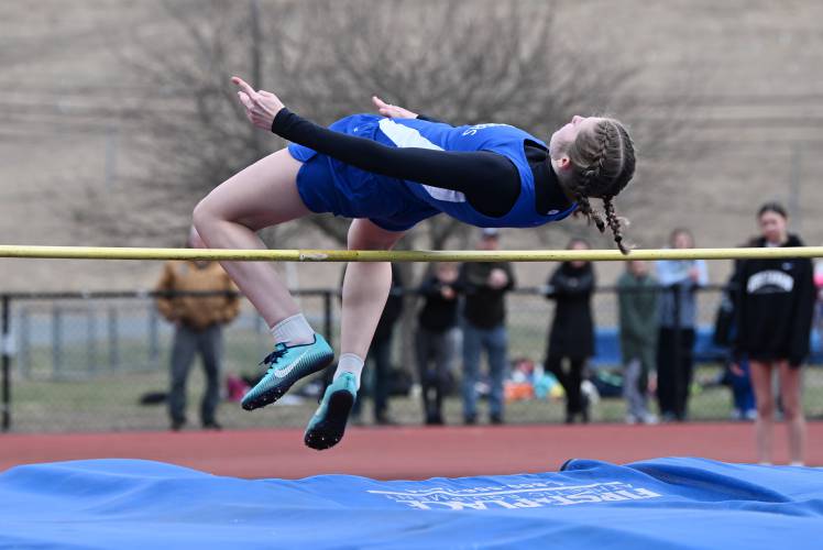 Turners Falls’ Ripley Dresser competes in the high jump at Mohawk Trail Regional School on Thursday.