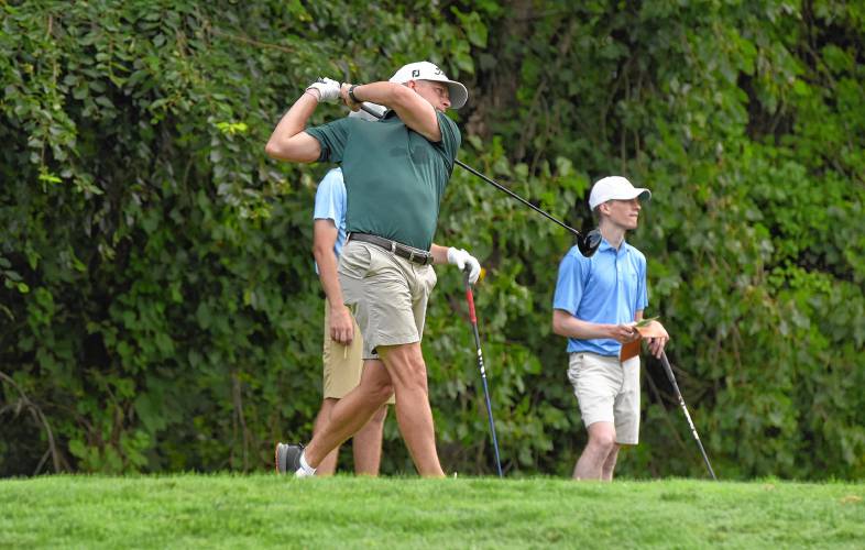 Defending champion Ben Spitz, playing out ofGeorge Wright Golf Course, watches his tee shot at No. 1 during the 43rd Massachusetts Amateur Public Links Championship at Ledges Golf Club in South Hadley on Tuesday.