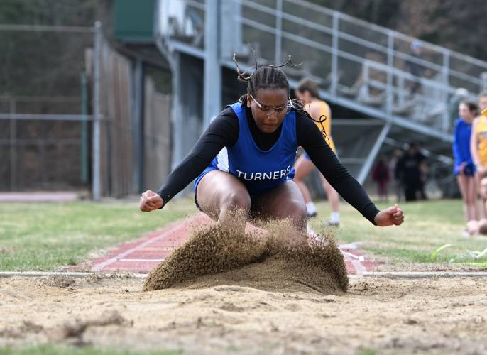 Turners Falls’ Jakhia Williams competes in the long jump at Mohawk Trail Regional School on Thursday.