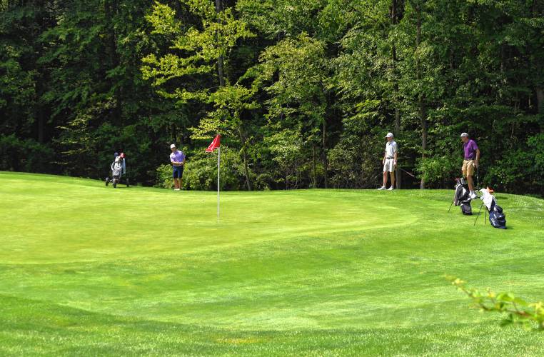 Golfers play the short par 3 third hole during the 43rd Massachusetts Amateur Public Links Championship at Ledges Golf Club in South Hadley on Tuesday.