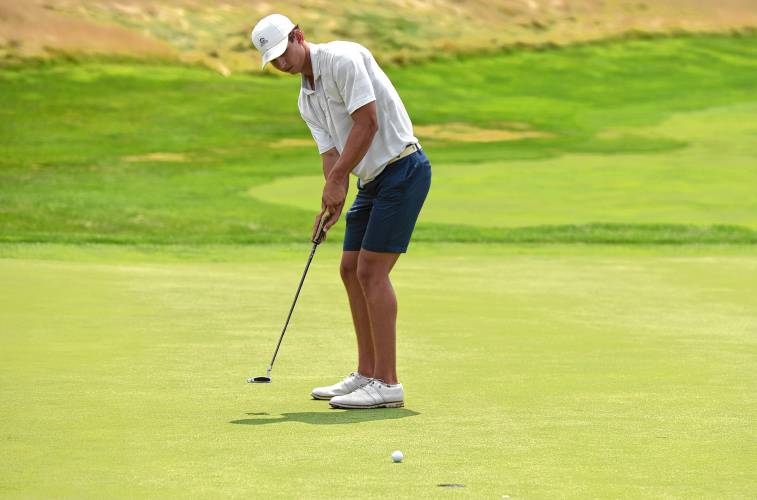 Country Club of Greenfield’s Ryan Cote watches a putt on the 18th hole during the 43rd Massachusetts Amateur Public Links Championship at Ledges Golf Club in South Hadley on Tuesday.
