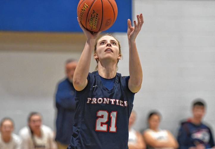 Frontier’s Olivia Machon (21) goes to the basket against Franklin Tech during the visiting Redhawks’ victory on Friday night in Turners Falls.