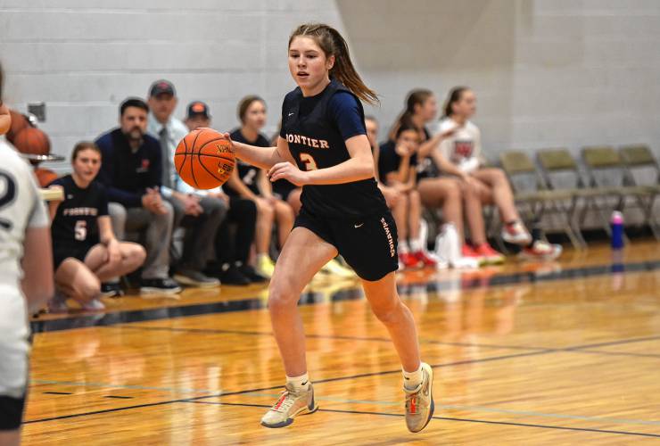 Frontier’s Addie Harrington (3) dribbles against Franklin Tech during the visiting Redhawks’ victory on Friday night in Turners Falls.