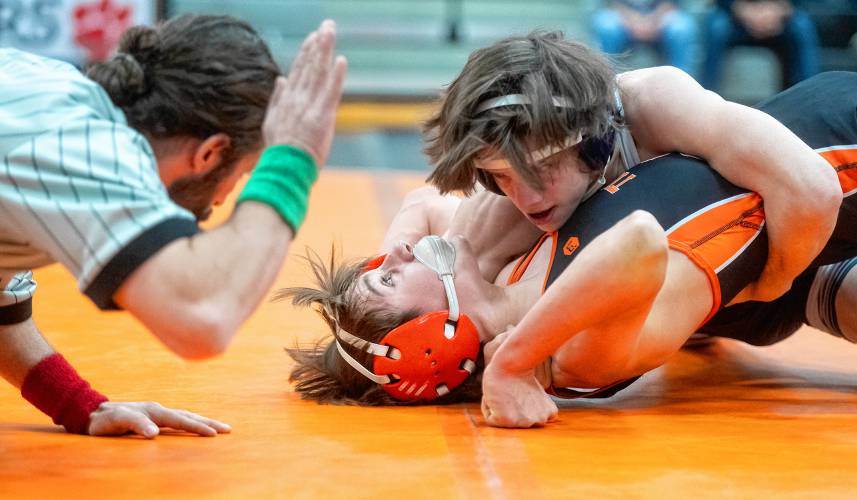South Hadley's Ryan Lachance, bottom, competes against Franklin Tech's Maxon Brunette, top, during a match at South Hadley High School earlier this season. South Hadley's Ryan Lachance, bottom, competes against Franklin Tech's Maxon Brunette, top, during a match at South Hadley High School earlier this season.