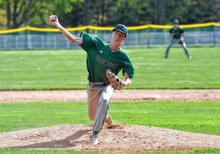 Greenfield’s Caleb Thomas pitches against Frontier in South Deerfield on Thursday. 