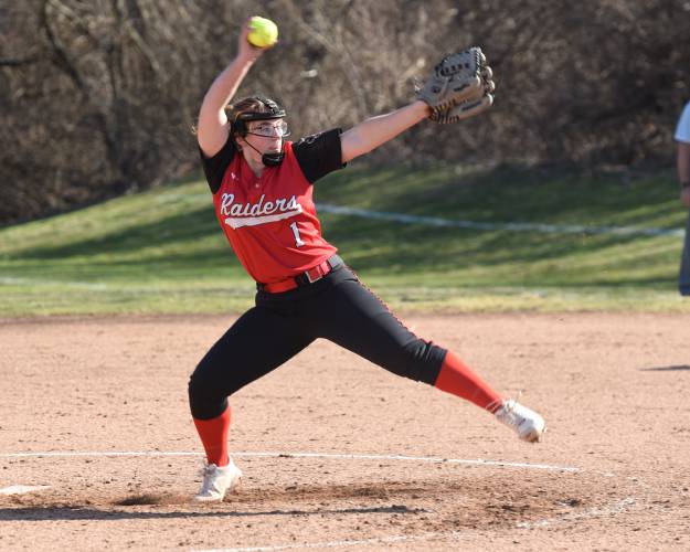 Hamphire Regional’s Ryanne Dubay (1) throws a pitch during the Radiers’ 4-0 win over Greenfield on Monday afternoon in Westhampton.