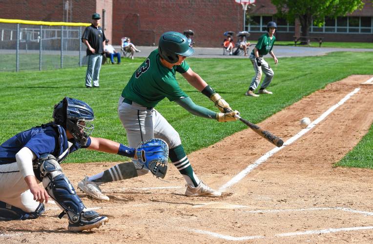 Greenfield’s Luca Siano drives in  a run with a base hit against Frontier in South Deerfield on Thursday. 