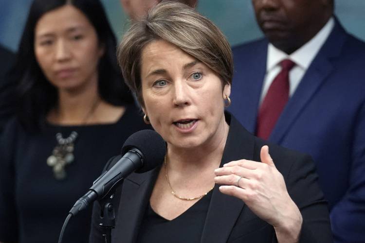 Massachusetts Gov. Maura Healey takes questions from reporters, Jan. 31, 2024, in Boston.
