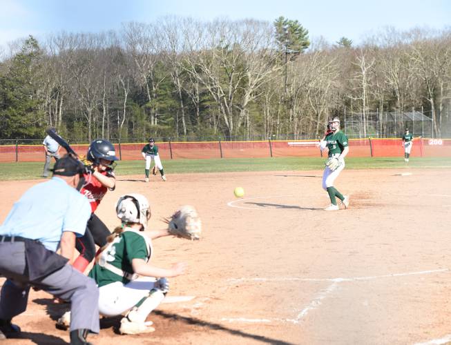 Greenfield’s MacKenzie Paulin (5) pitches to a Hampshire Regional batter during the Radiers’ 4-0 win over the Green Wave on Monday afternoon in Westhampton.