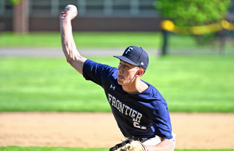 Frontier’s Owen Babb pitches in relief against Greenfield in South Deerfield on Thursday. 