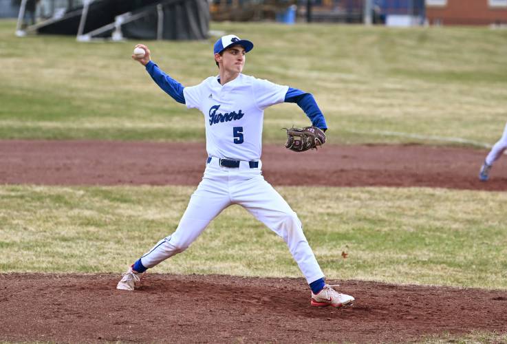 Turners Falls’ Jackson Cogswell pitches against Athol in Montague on Tuesday.