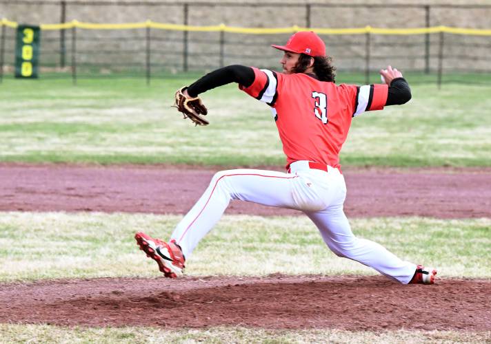 Athol’s Anthony Lopez-Hippler winds up against Turners Falls in Montague on Tuesday.
