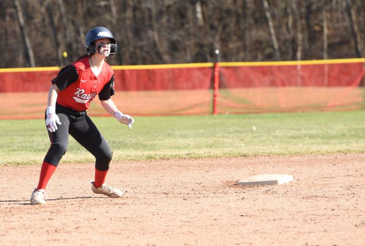 Hampshire Regional’s Mariah Pacinella takes a secondary lead off of second base during the Radiers’ 4-0 win over Greenfield on Monday afternoon in Westhampton.