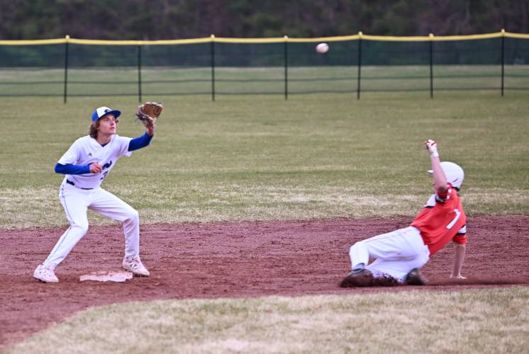 Turners Falls’ Ethan Eichorn waits for the throw as Athol base runner Alex Lavigne takes second in Montague on Tuesday. 