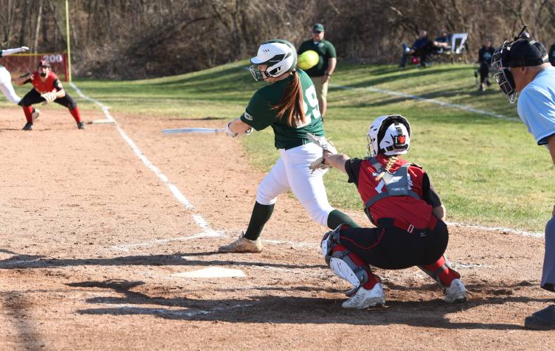 Greenfield’s Olivia Lemay (29) fouls off a pitch from Hampshire’s Ryanne Dubay during the Radiers’ 4-0 win over the Green Wave on Monday afternoon in Westhampton.