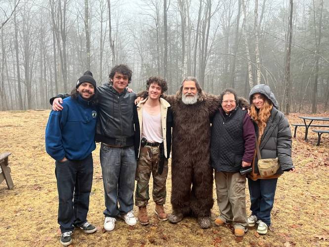 From left, co-producer Andrew Ricci, director Jacques Ciambra, actor Ari Bird, actor Kyle D. King, actor Bonnie Schneider and co-producer Eloise Campisi visited Salamander Hollow Healing Habitat in Warwick last month to work on “The Bigfake,” a short film about a lonely retired park ranger who fabricates a Bigfoot sighting to draw people to his secluded cabin.