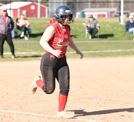 Hampshire Regional’s CC Thayer trots to first base after drawing a walk during the Radiers’ 4-0 win over Greenfield on Monday afternoon in Westhampton.