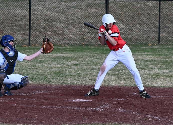 Athol’s Alex Lavigne takes the base after being hit by a pitch against Turners Falls in Montague on Tuesday.