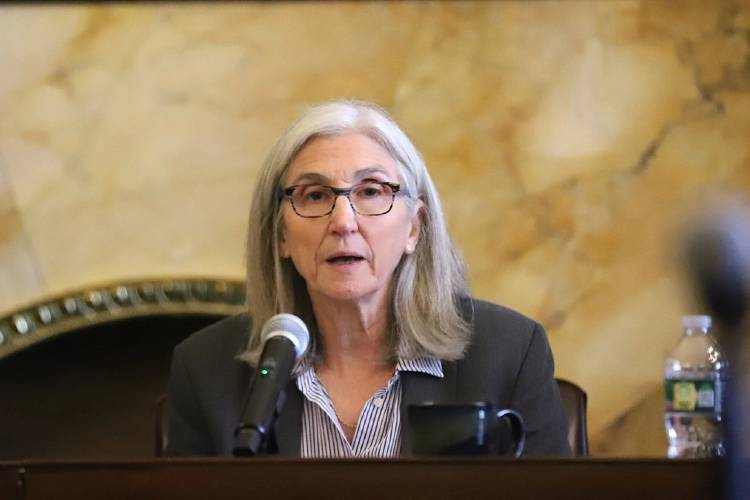 Sen. Cindy Friedman presides over a hearing at the State House on Wednesday April 2. Sen. Cindy Friedman presides over a hearing at the State House on Wednesday April 2.