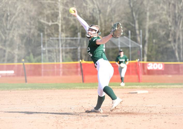 Greenfield’s MacKenzie Paulin (5) throws a pitch during the Green Wave’s 4-0 loss to Hampshire on Monday afternoon in Westhampton.
