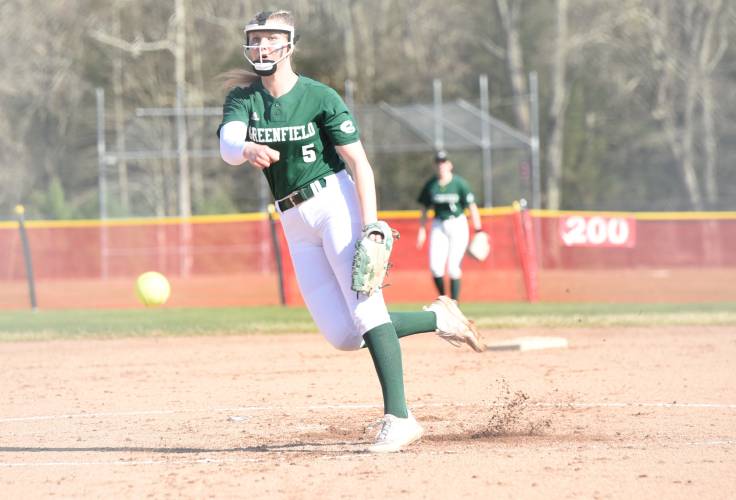 Greenfield’s MacKenzie Paulin (5) releases a pitch toward home plate during the Green Wave’s 4-0 loss to Hampshire on Monday afternoon in Westhampton.