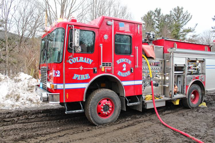 A fire truck at Hager’s Farm on Merrifield Lane in Colrain on Wednesday.